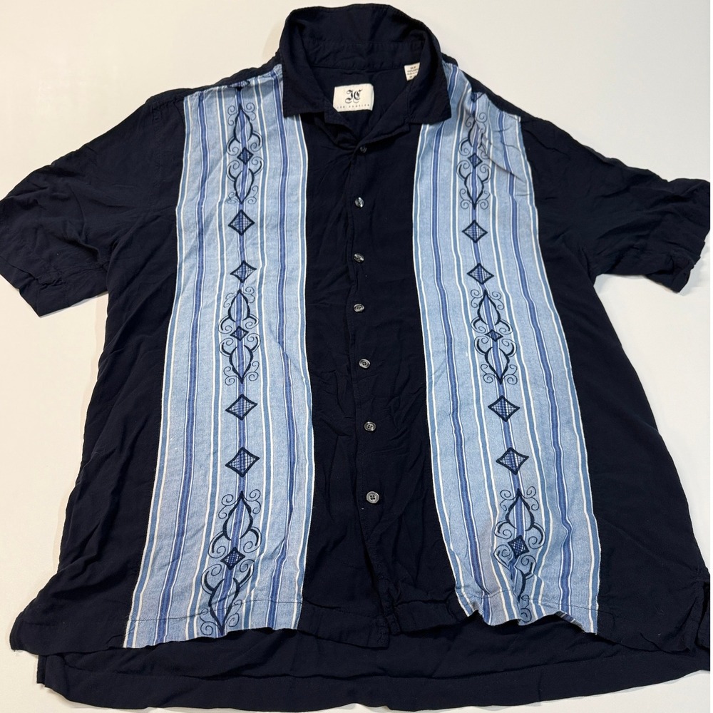 JG Los Angeles Mens XLT Black‎ Short Sleeve Button Up Shirt Embroidered Stripes
